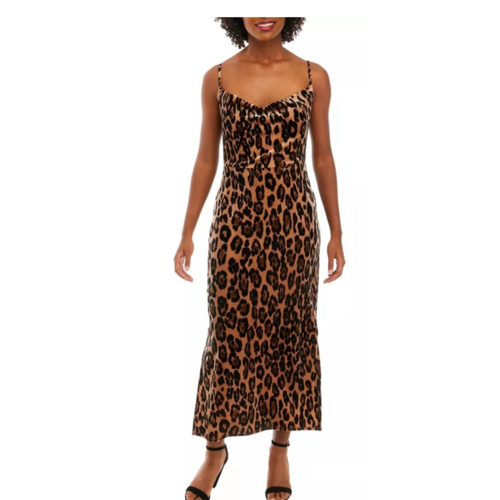 Women's Taylor Brown & Black Leopard Print Velvet Midi Dress Size 4 - Picture 2 of 13